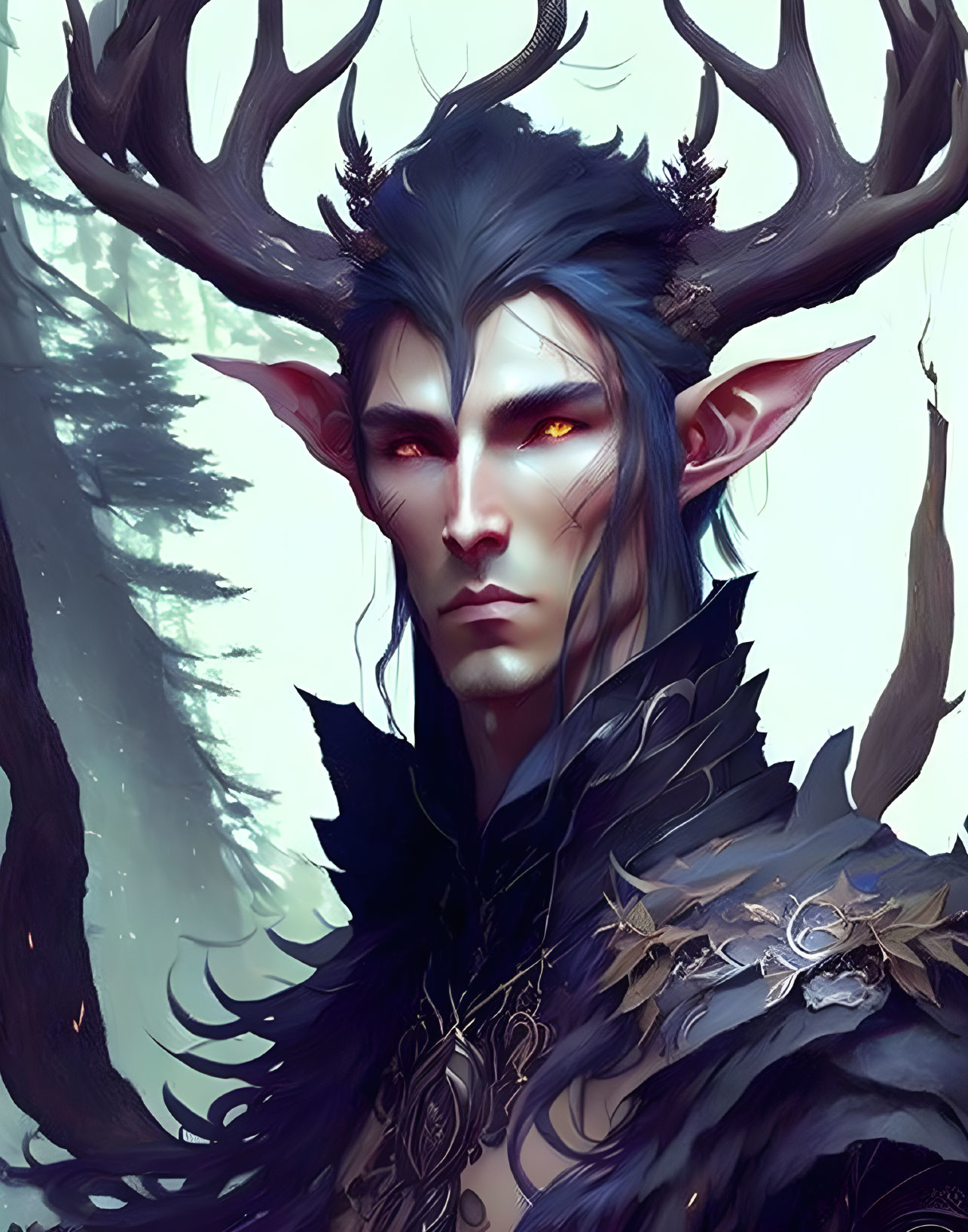 Fantasy character with antler-like horns in dark armor among misty forest