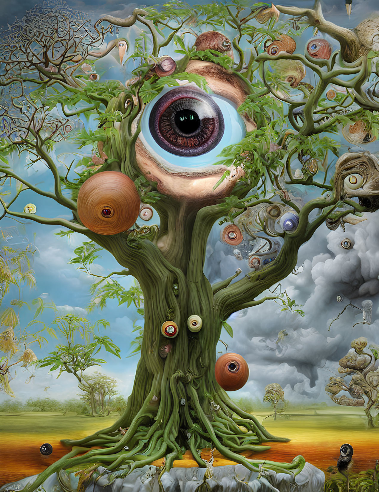 Surreal painting: Tree with human-like eyes in cloudy landscape