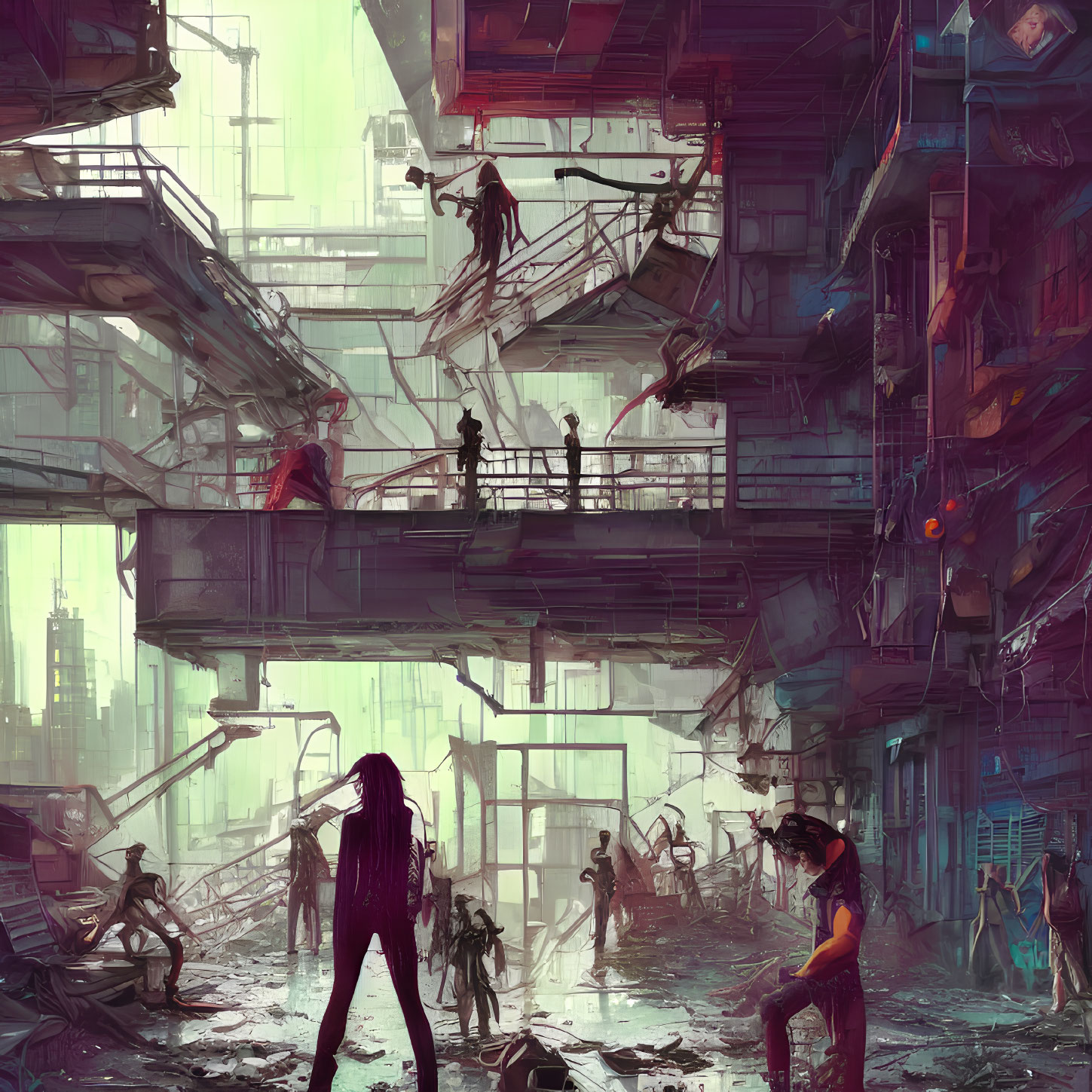 Dystopian cityscape with dilapidated structures and people in decay.
