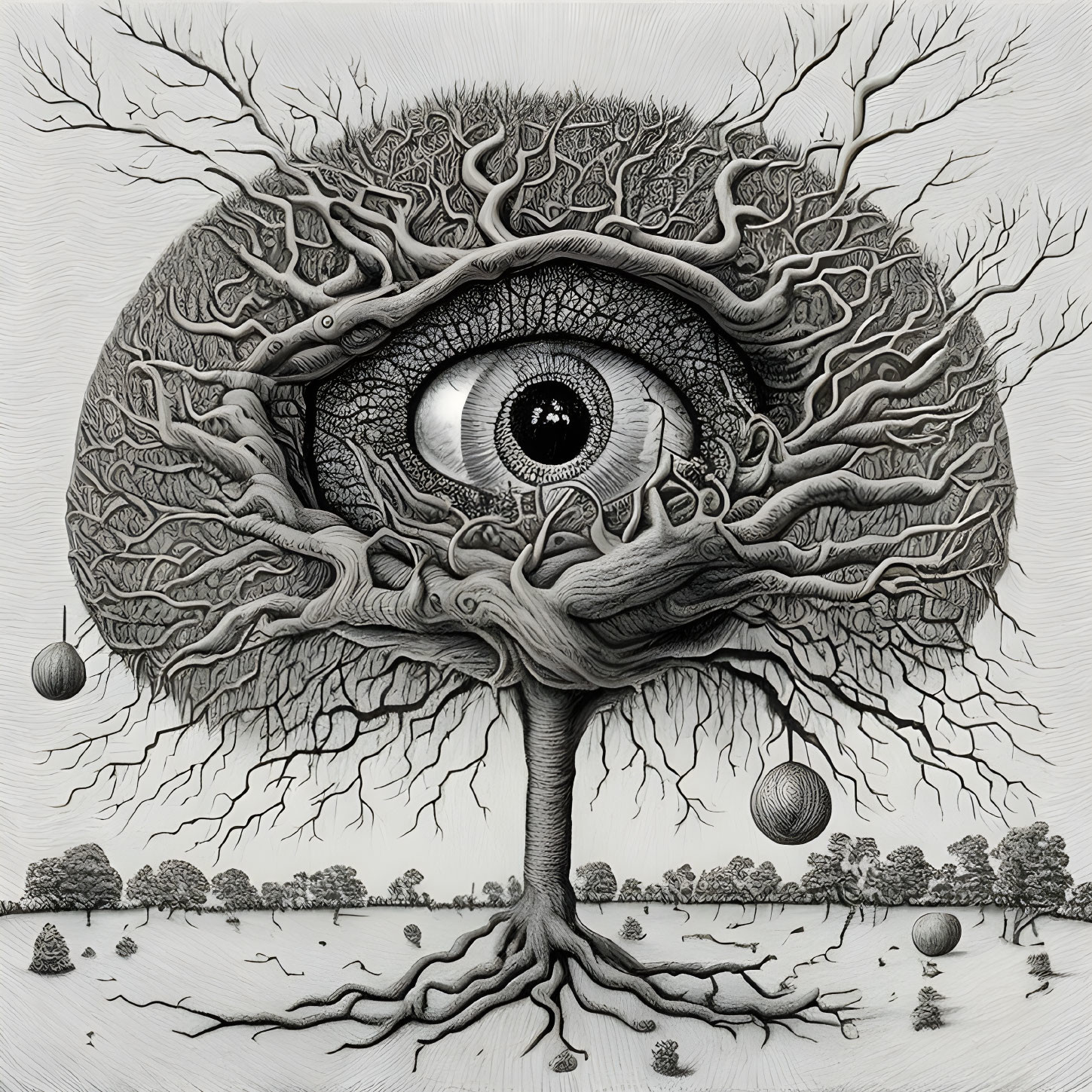 Surreal black and white tree blending into an eye illustration with intricate branches and hanging orbs