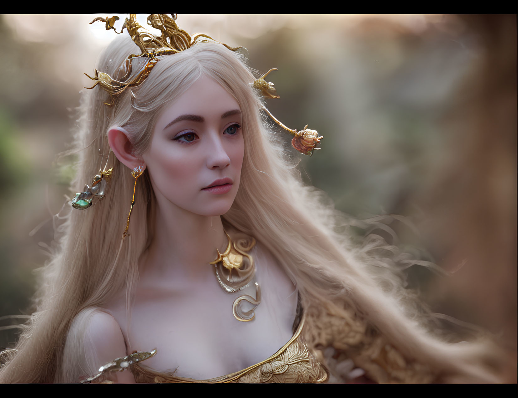 Fantasy character in ornate attire with crown and jewelry, featuring pointed ears, set against blurred natural
