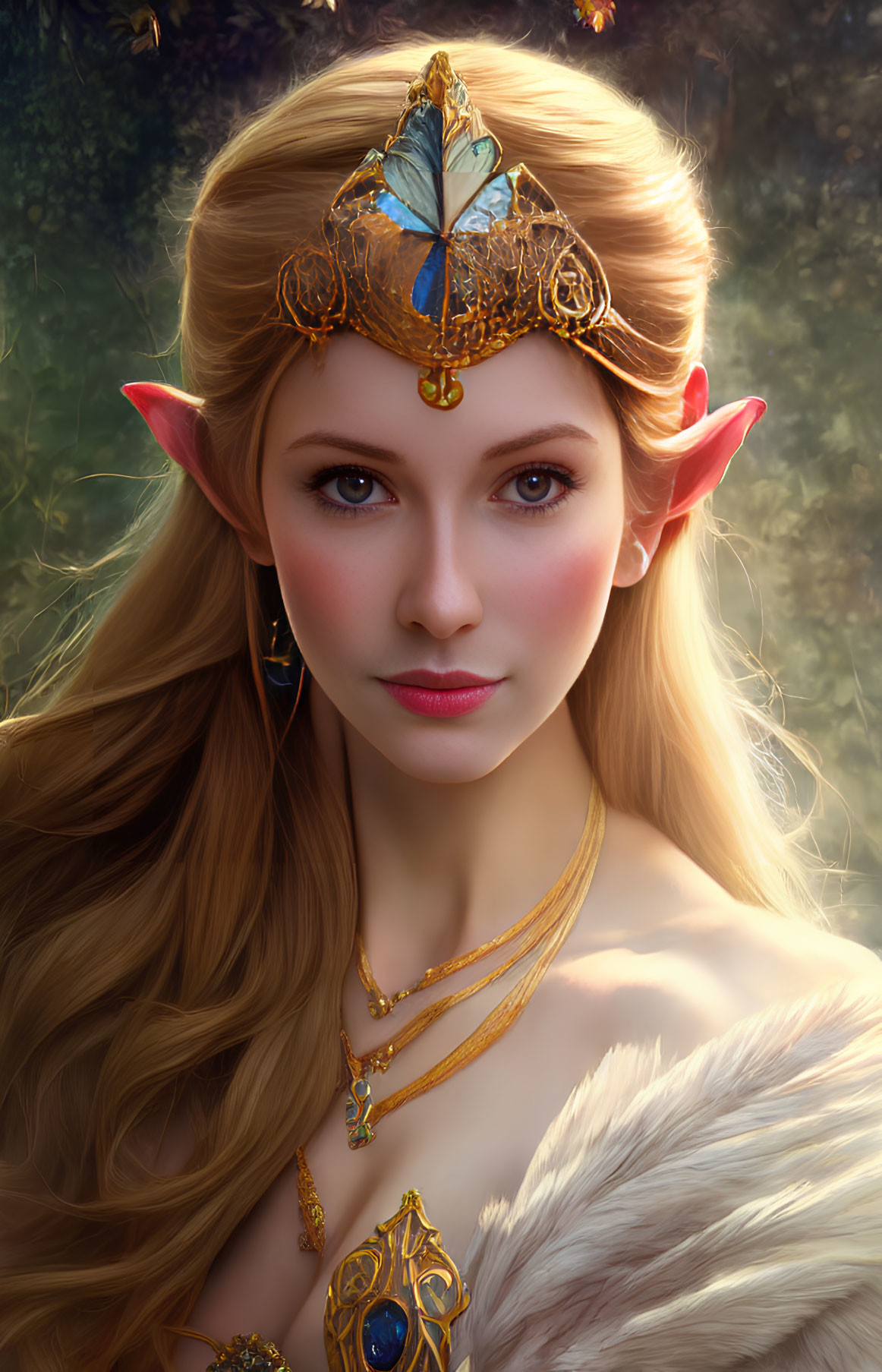 Blonde Elf Woman with Crown and Butterfly Jewelry in Nature