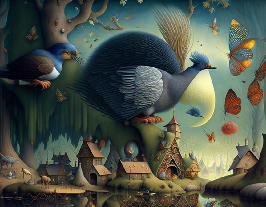 Oversized birds and miniature houses in whimsical forest scene
