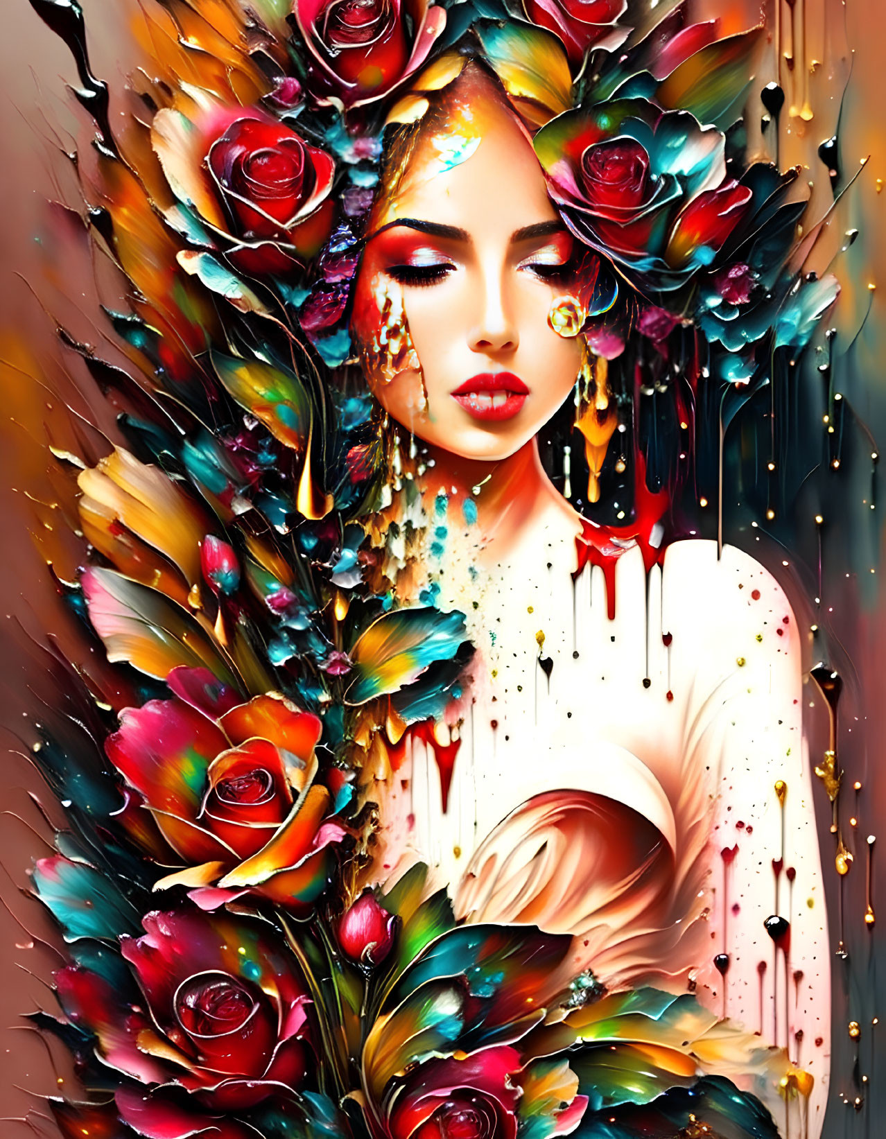 Colorful digital artwork of a woman with floral crown and abstract rose motifs