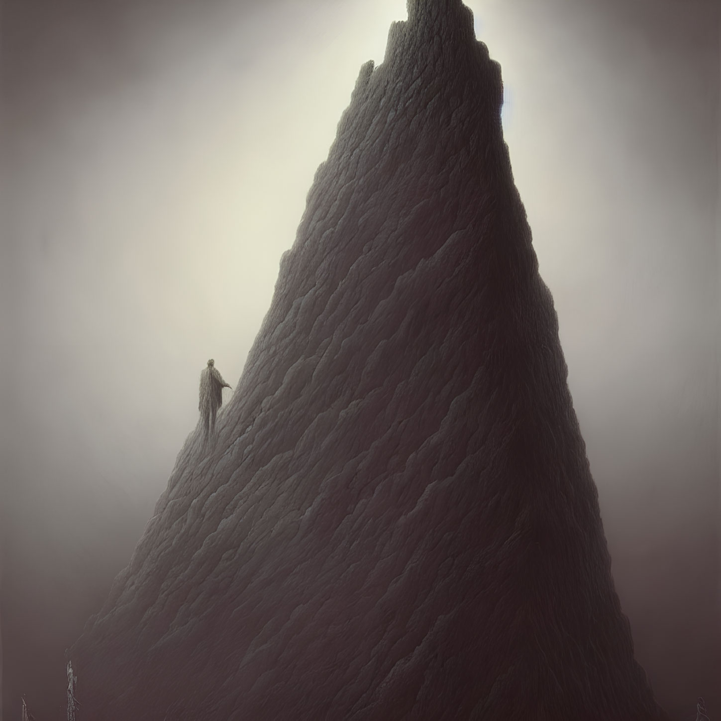 Mysterious figure in front of tall, textured spire in foggy landscape