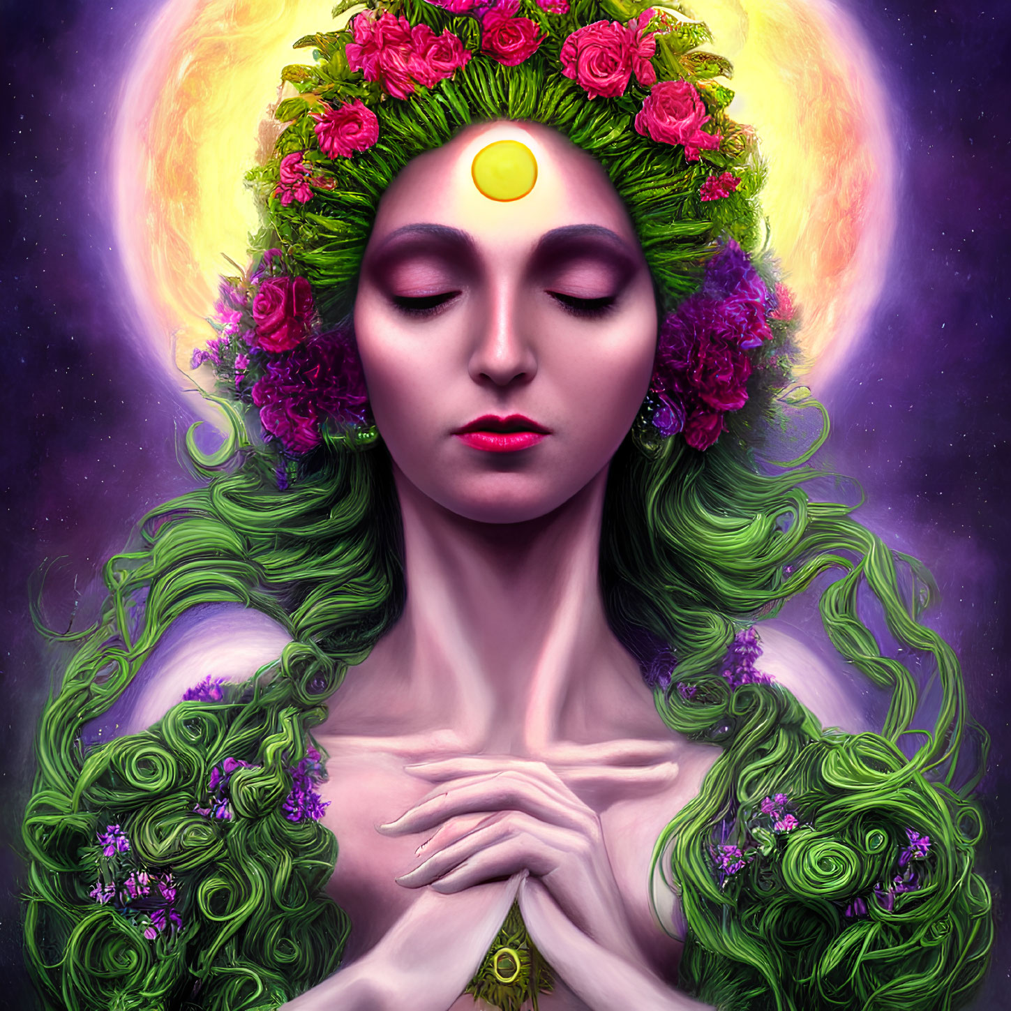 Woman with Green Hair and Flower Crown in Meditative Pose on Celestial Background