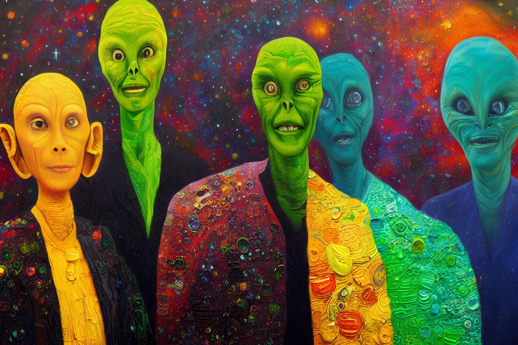 Four colorful alien figures with textured skin on vibrant cosmic background