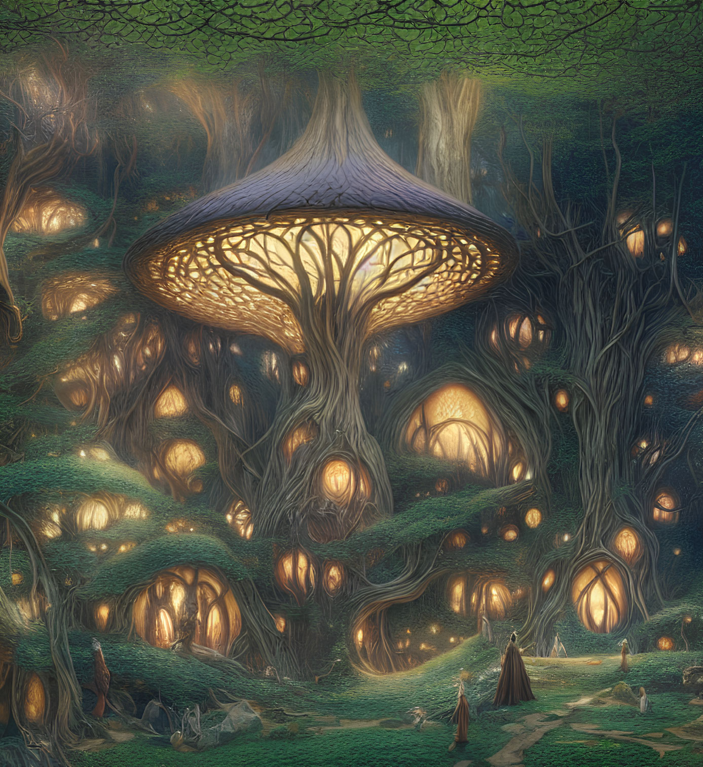 Enchanting night forest with giant luminescent mushroom and glowing pods