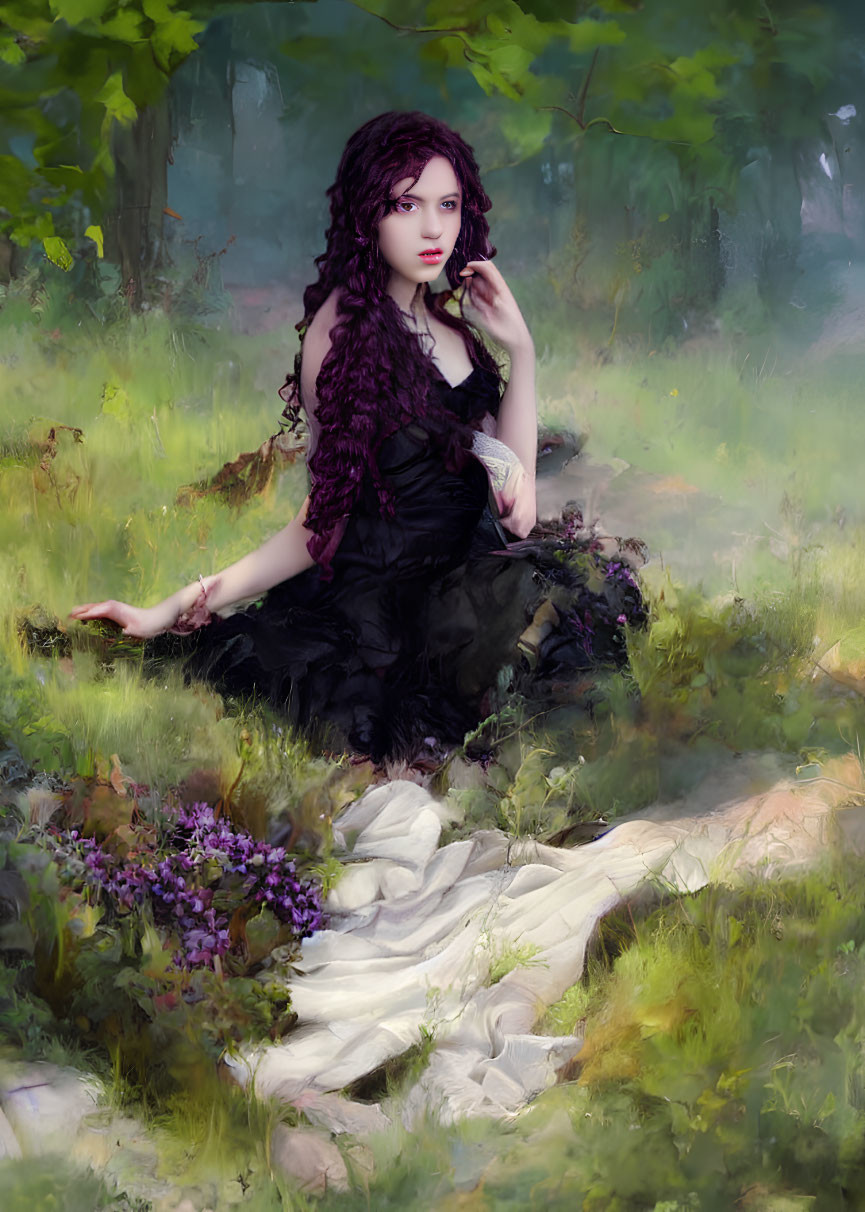Woman with long curly hair in black dress sitting in forest clearing among greenery and purple flowers