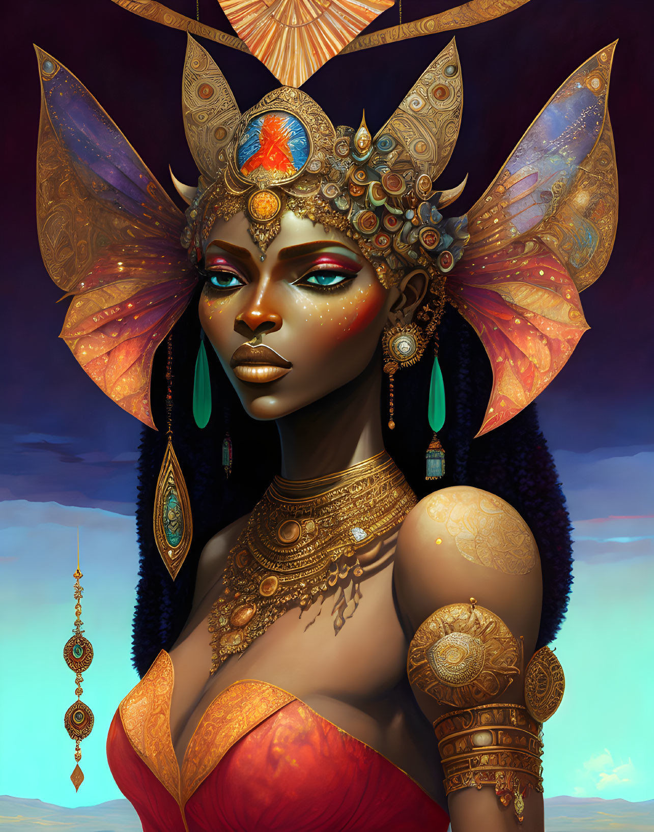 Illustration of woman with dark skin and golden jewelry under blue sky