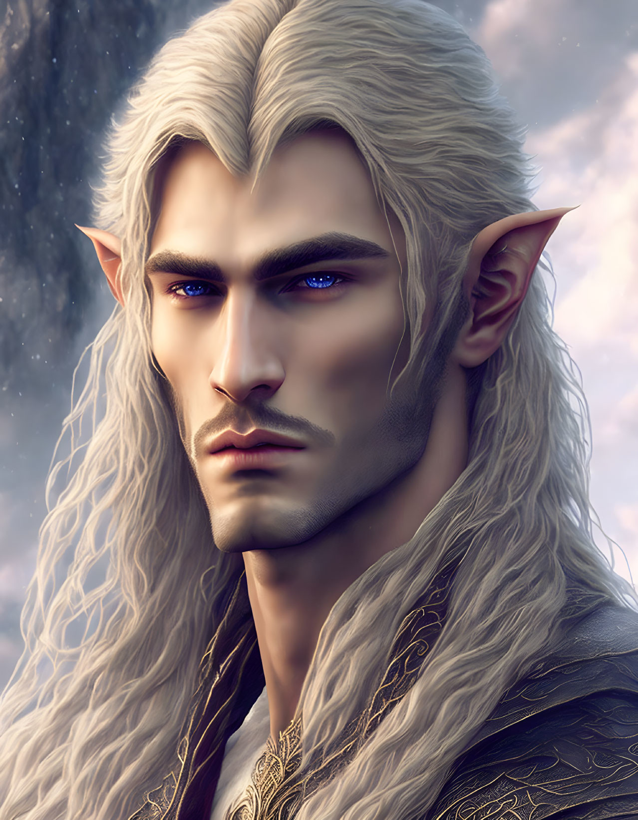 Elven male with white hair, blue eyes, in regal attire against celestial backdrop
