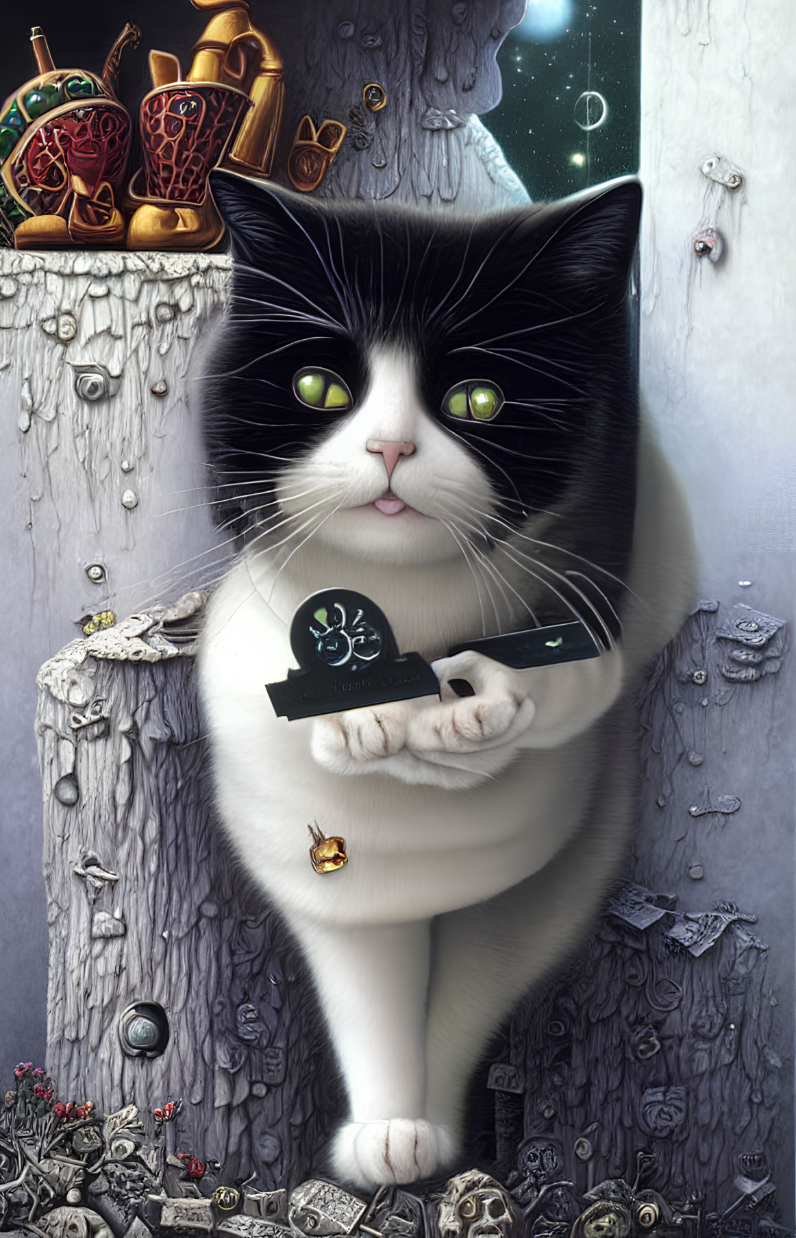 Whimsical black and white cat with tarot card in cosmic setting