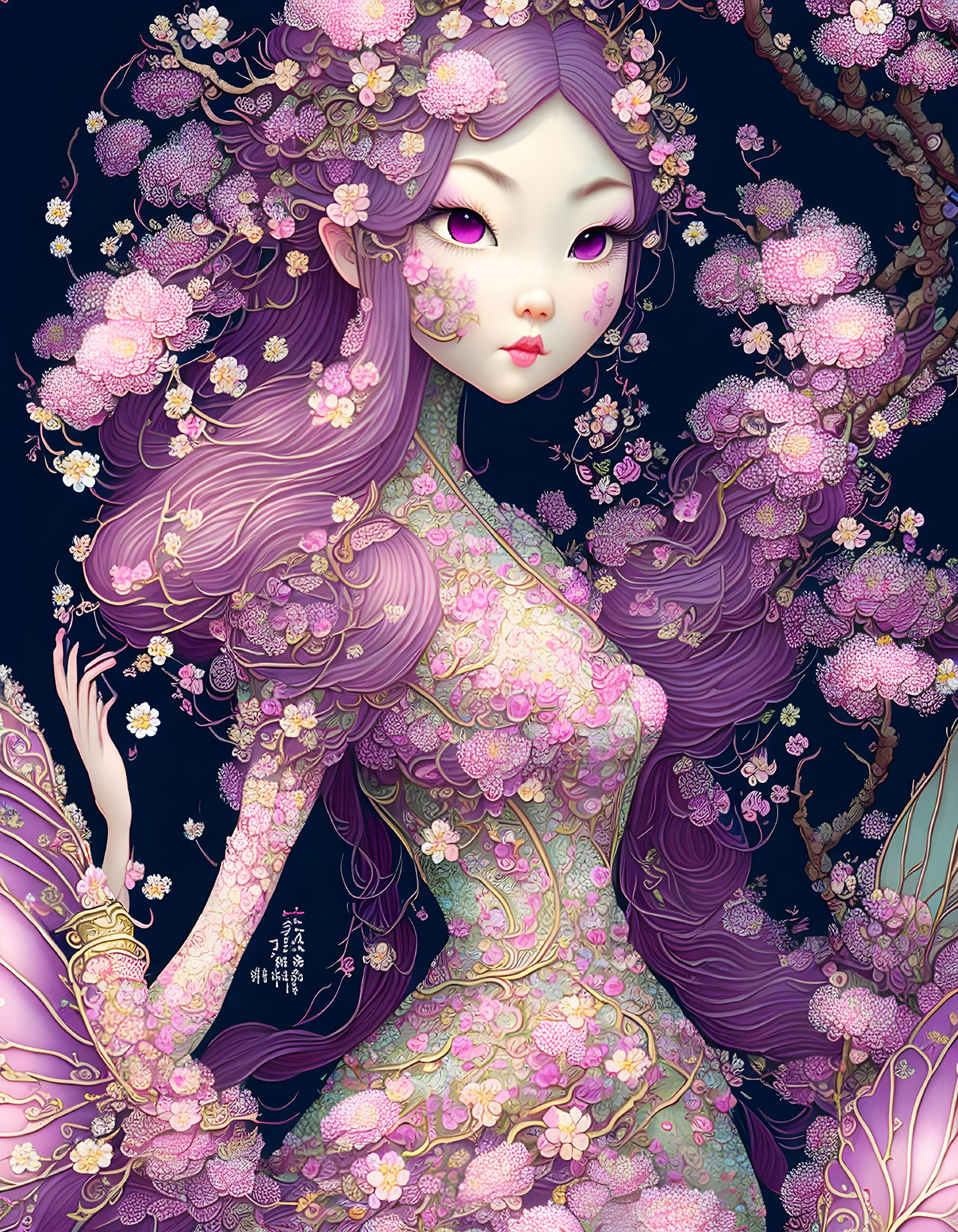 Illustrated female figure with purple hair in pink floral dress on dark background