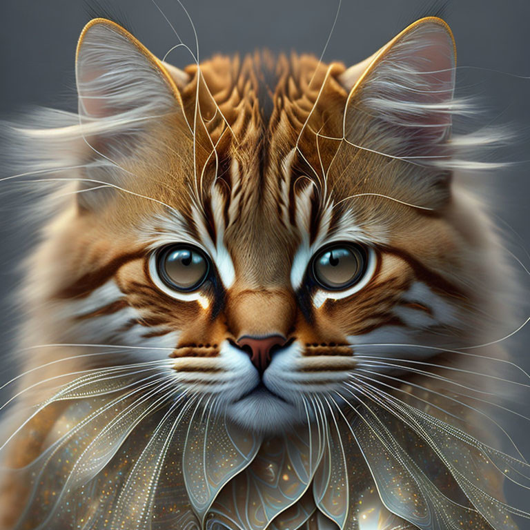 Hyper-realistic digital artwork of a cat face with intricate golden lace collar patterns