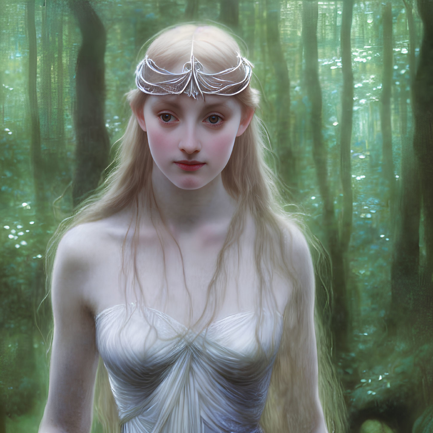 Ethereal woman with blonde hair in enchanted forest