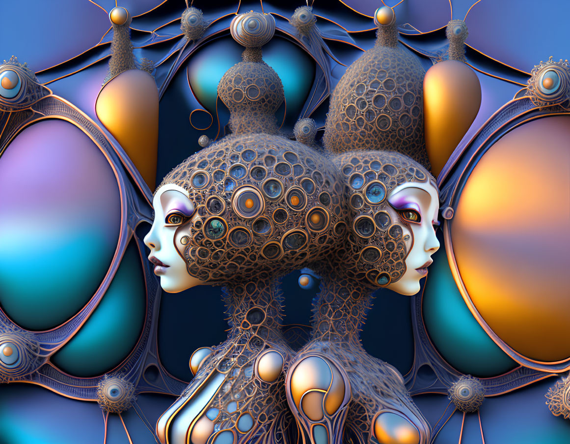 Stylized female faces with ornate headdresses in surreal digital art
