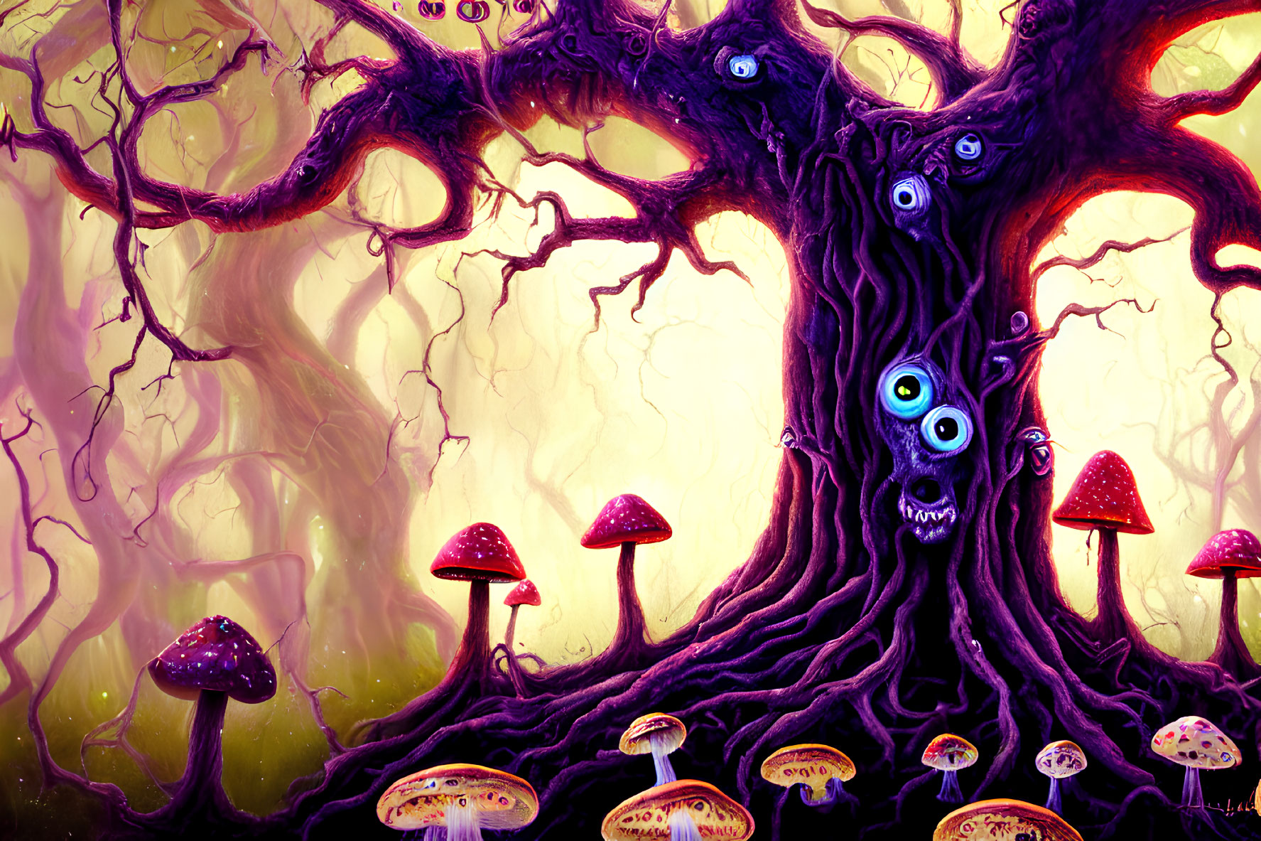 Fantastical illustration: Large tree with eyes, colorful mushrooms in enchanted forest