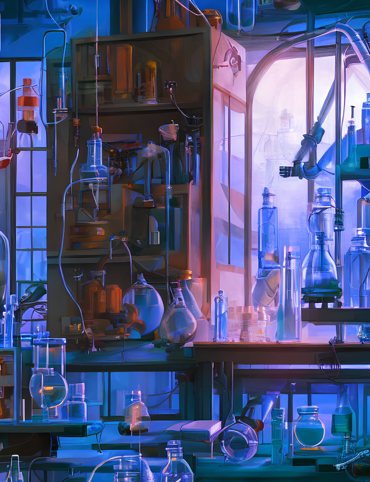 Colorful laboratory scene with glass containers and scientific equipment