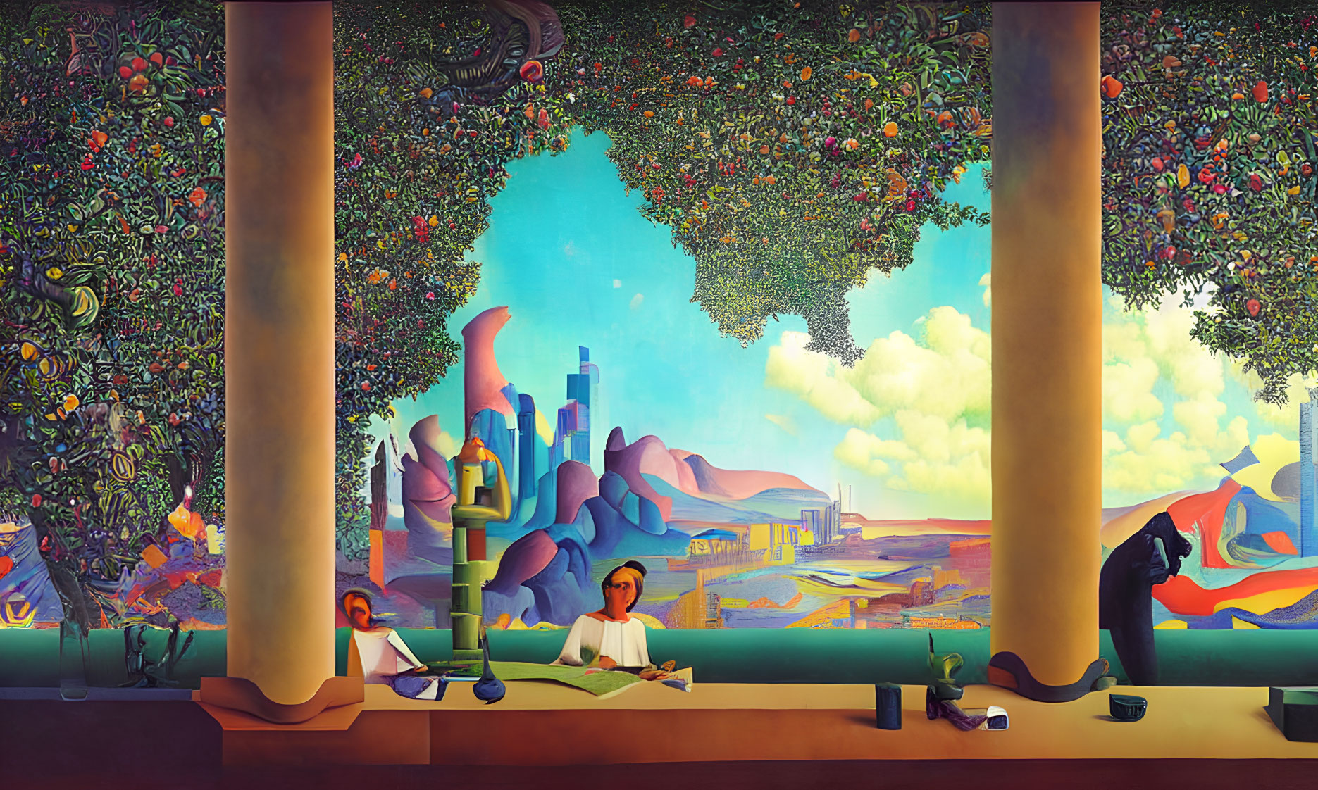 Colorful mural of orchard, cityscape, people at counter, contemplative figure