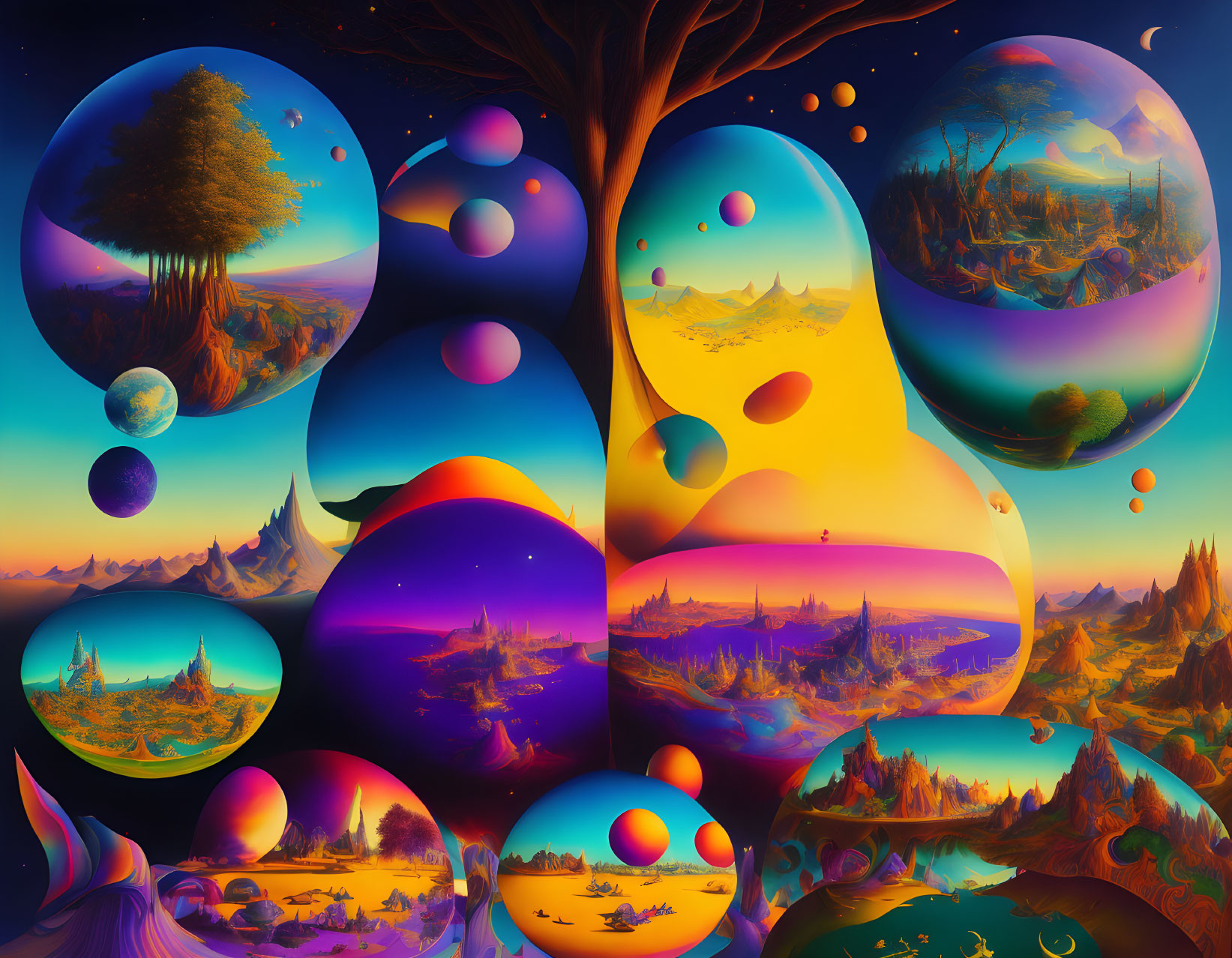 Colorful surreal landscape with floating orbs and fantastical scenes