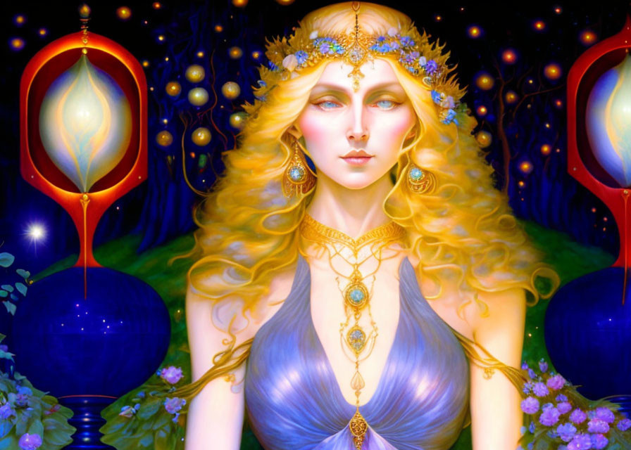 Blonde woman with golden crown in blue dress under night sky