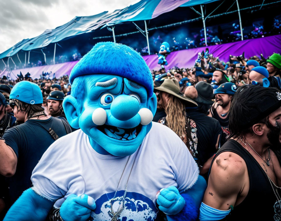Blue Smurf costume with exaggerated expression in crowded event under purple tent