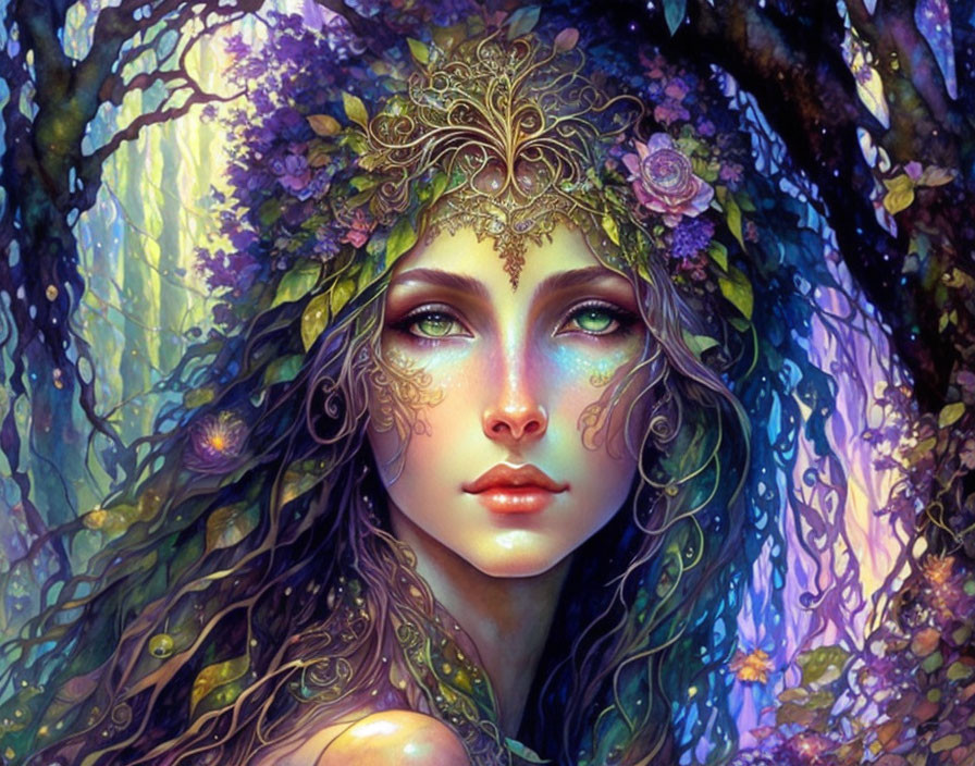 Fantastical female portrait with gold headpiece and tattoos among purple flowers.
