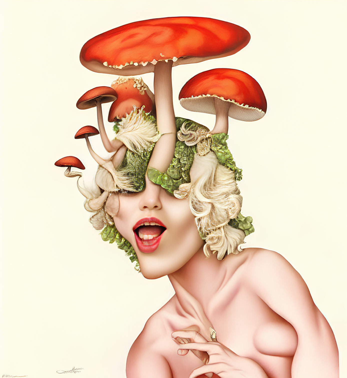Surreal illustration: person with mushroom and foliage head