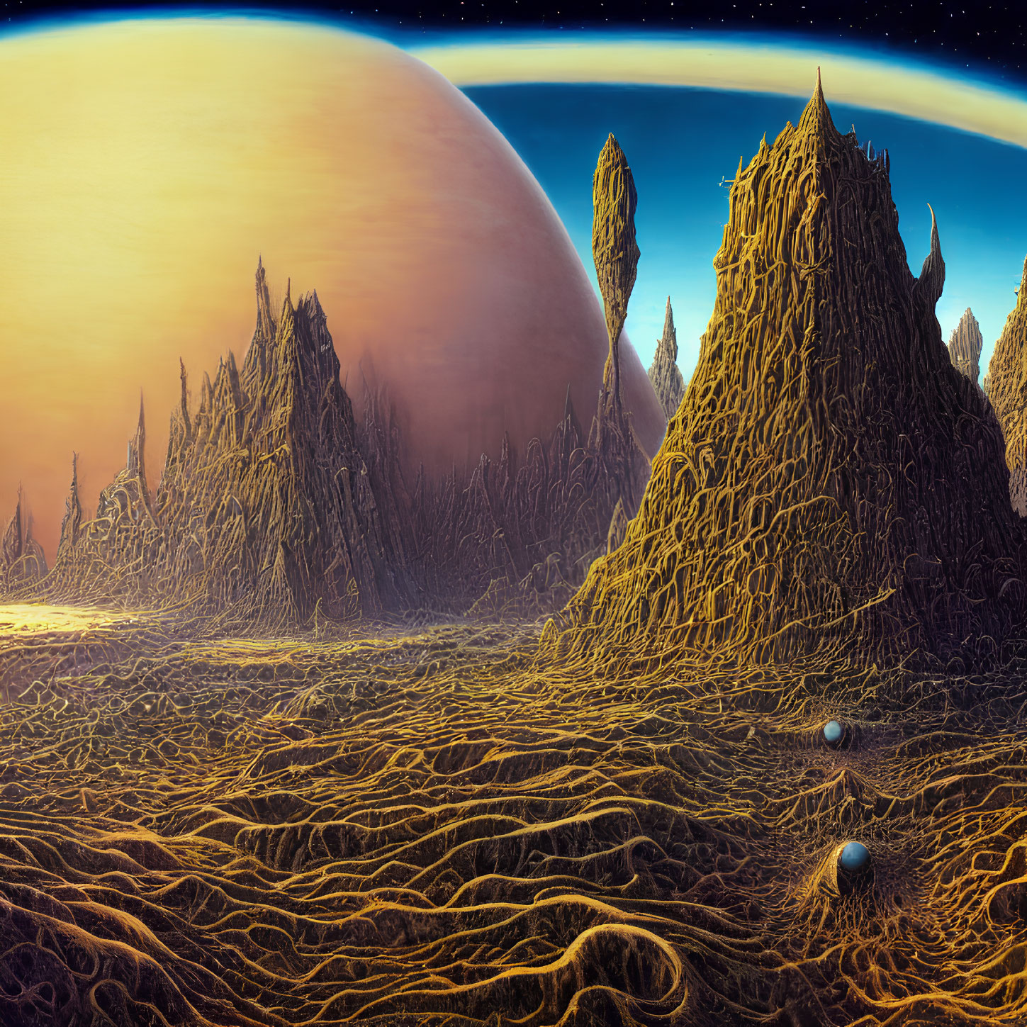Surreal alien landscape with jagged rocks, large planet, and intricate patterns