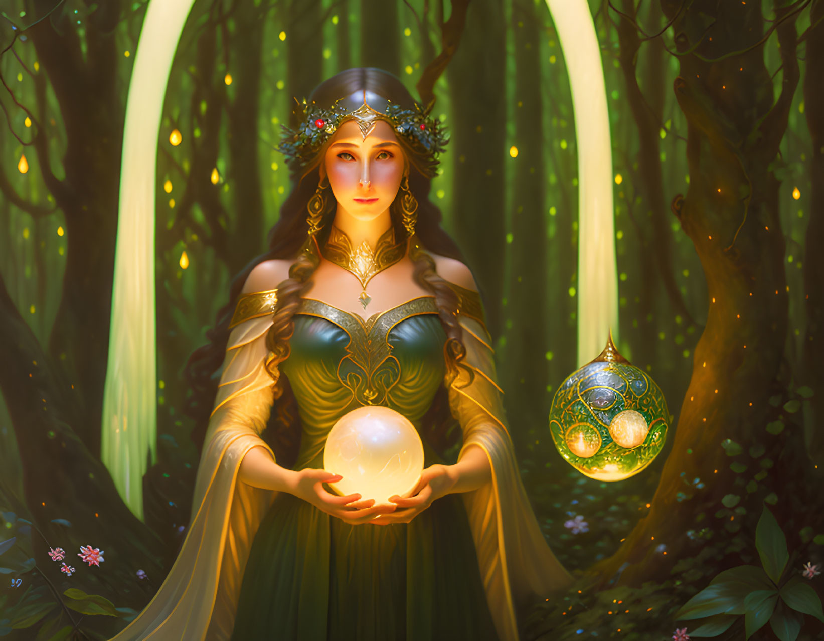 Mystical woman with jeweled tiara in enchanted forest with glowing orb