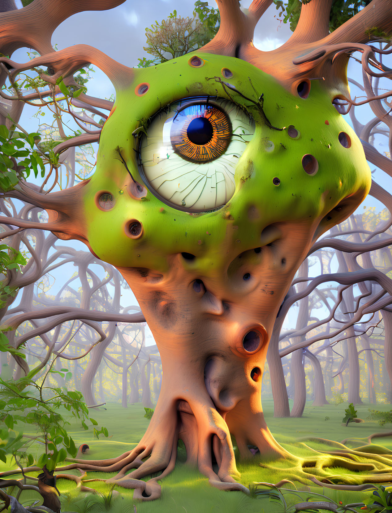 Vibrant surreal forest with large human eye tree