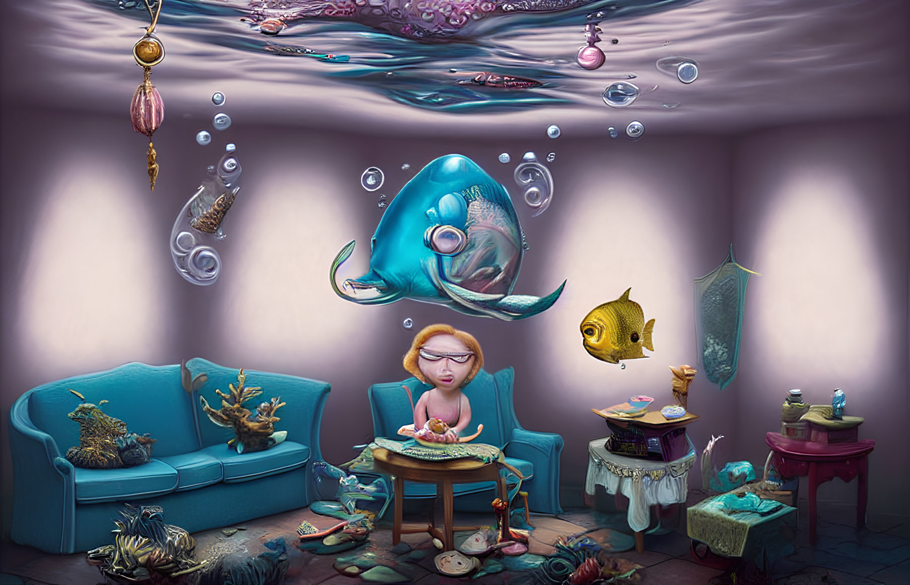 Whimsical underwater room with floating fish and furniture