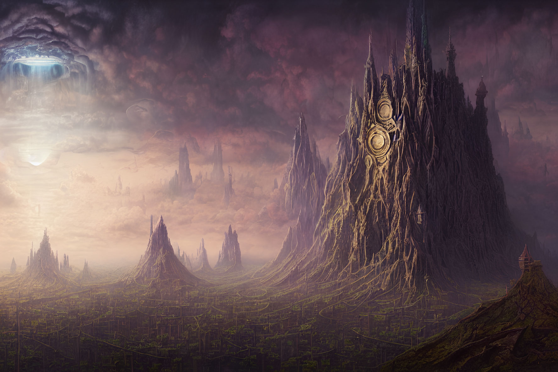 Fantastical landscape with towering spires and alien spaceship at sunset