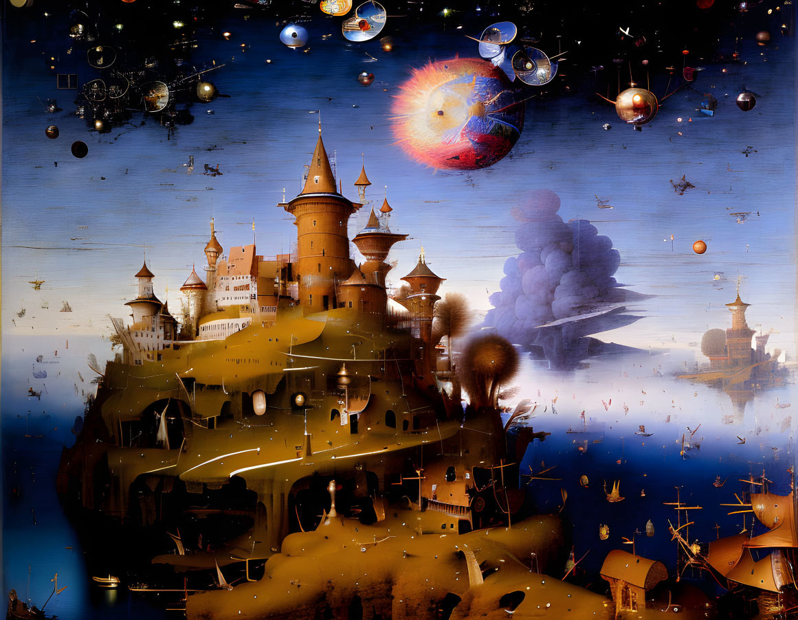 Fantastical floating island with castles in surreal space scene