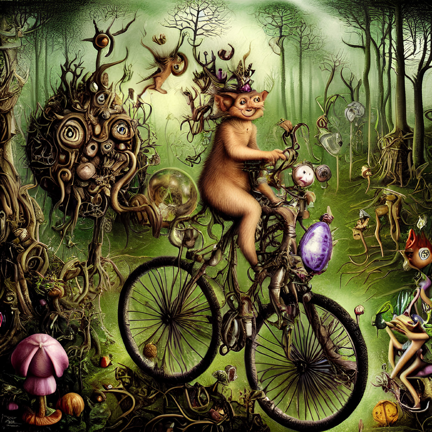 Fantasy scene: creature on bicycle in bizarre forest