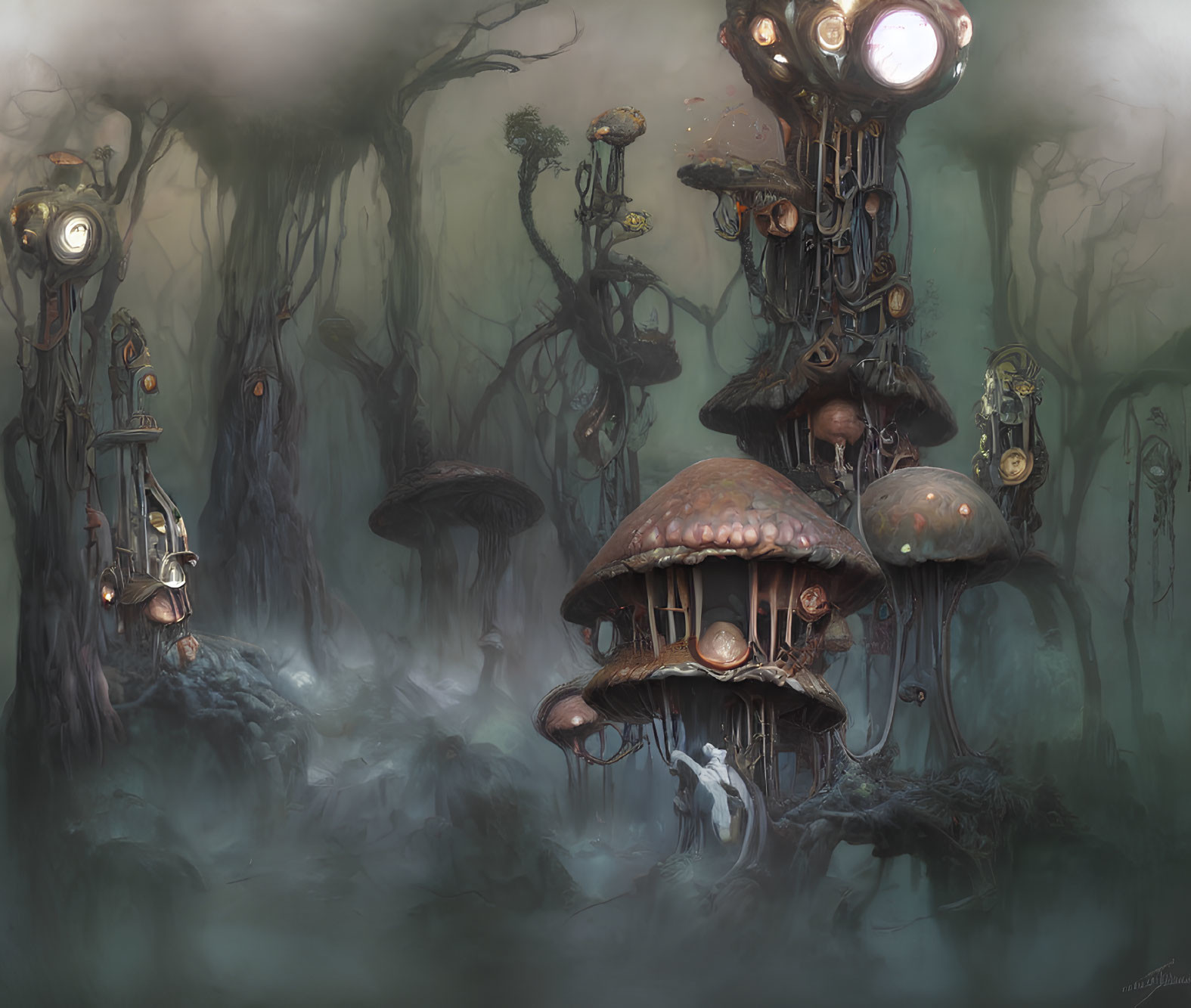 Fantastical misty landscape with mushroom houses and anthropomorphic trees.