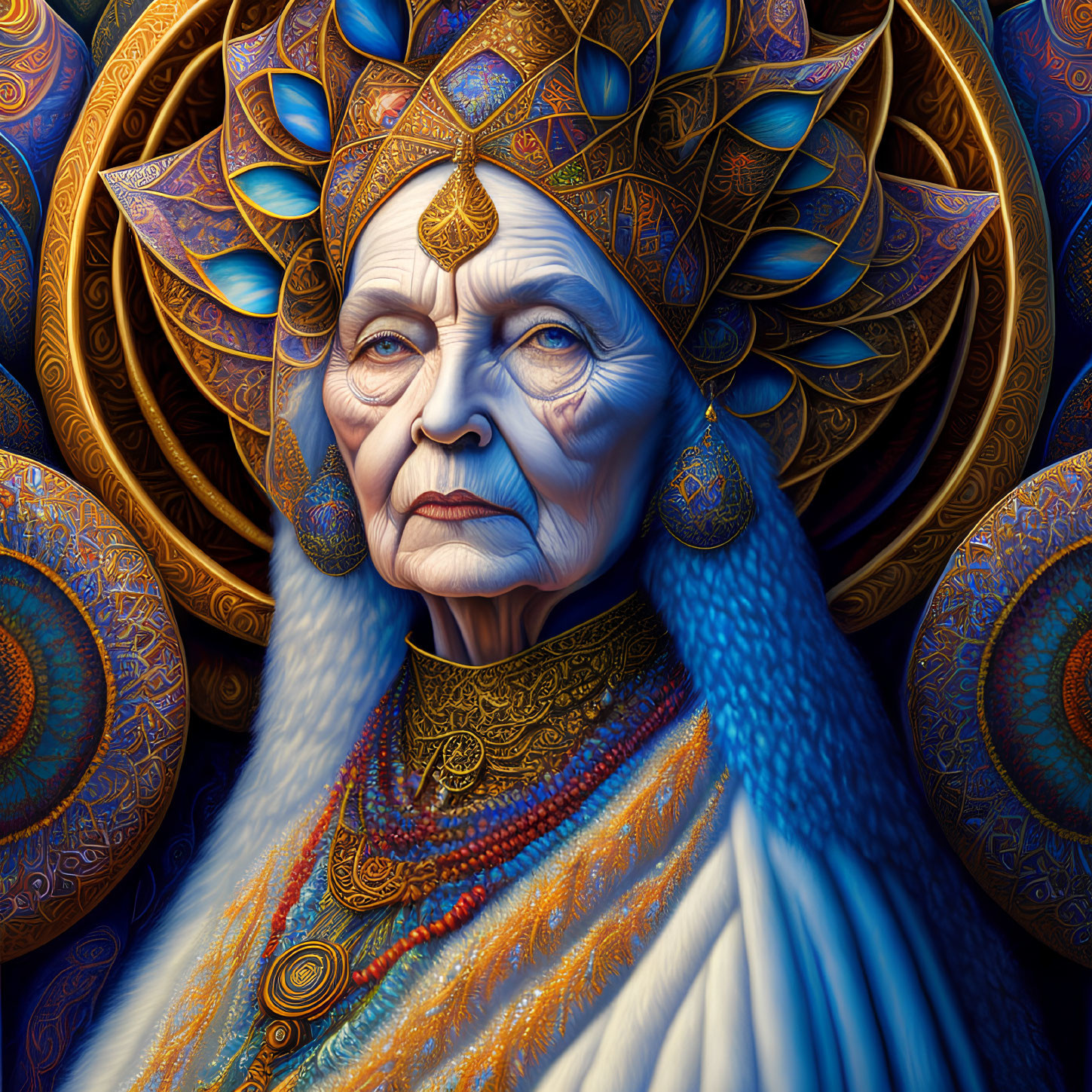 Regal elder woman in ornate blue and gold attire