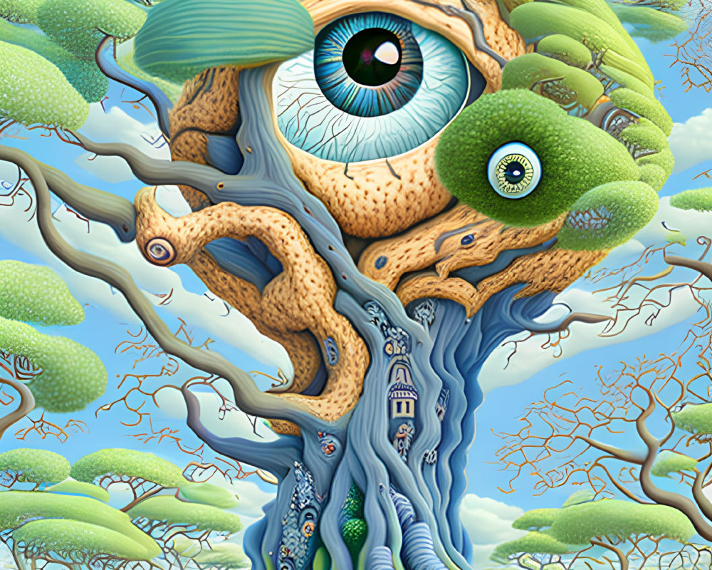 Surreal illustration of eye-shaped canopy trees in whimsical forest