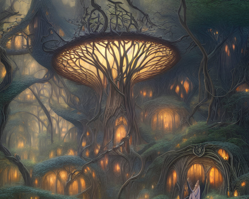 Ethereal forest with glowing trees, mushroom structure, and cloaked figure