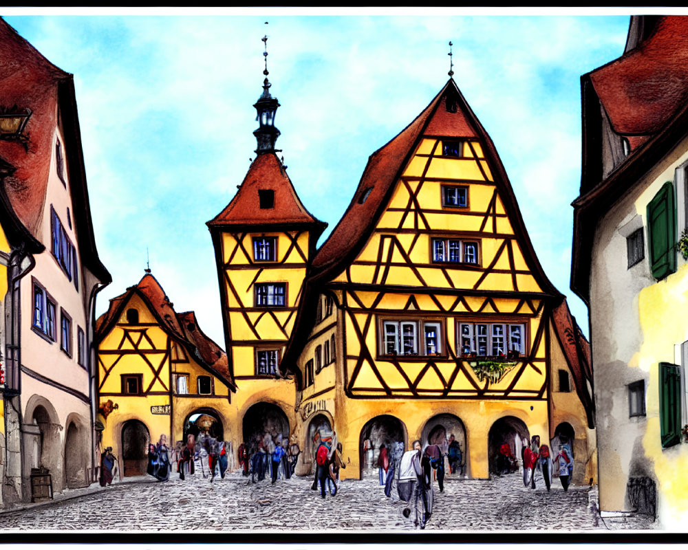 Vibrant illustration of European street with half-timbered buildings