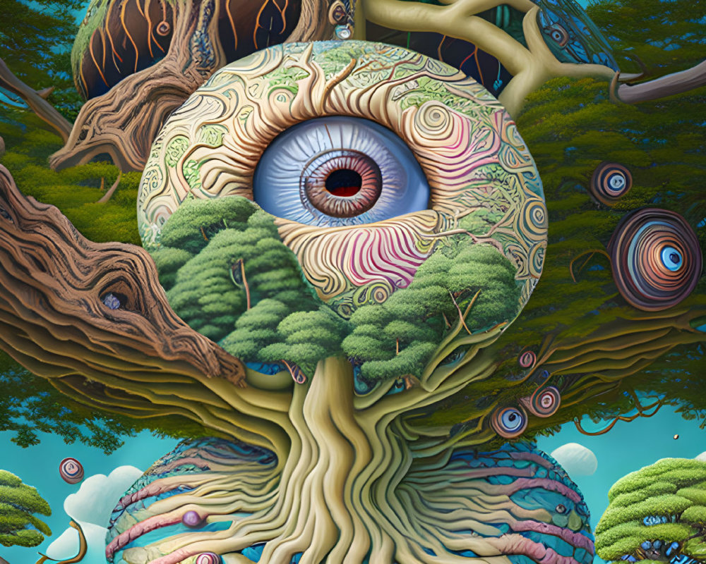 Surreal artwork: giant tree with eye, brain-like roots, abstract spheres