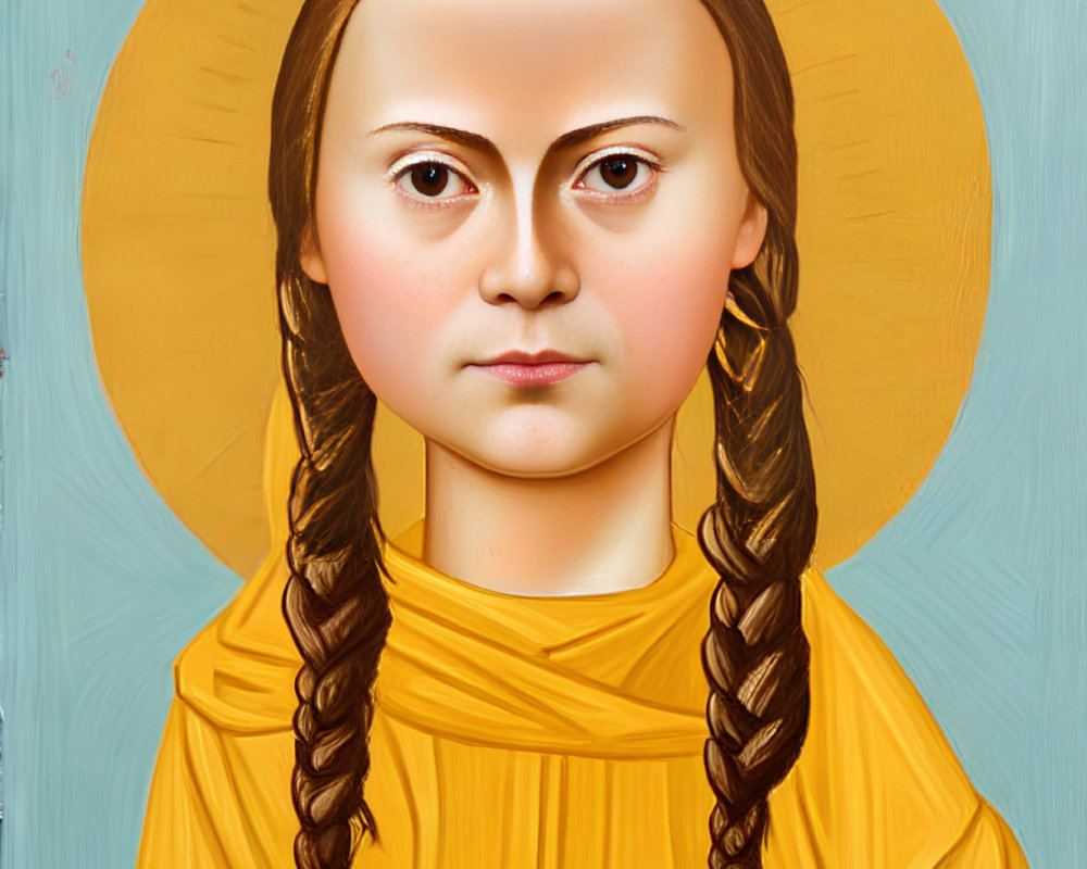 Young girl with braided hair in yellow garment holding "SKOLSTREJK" sign