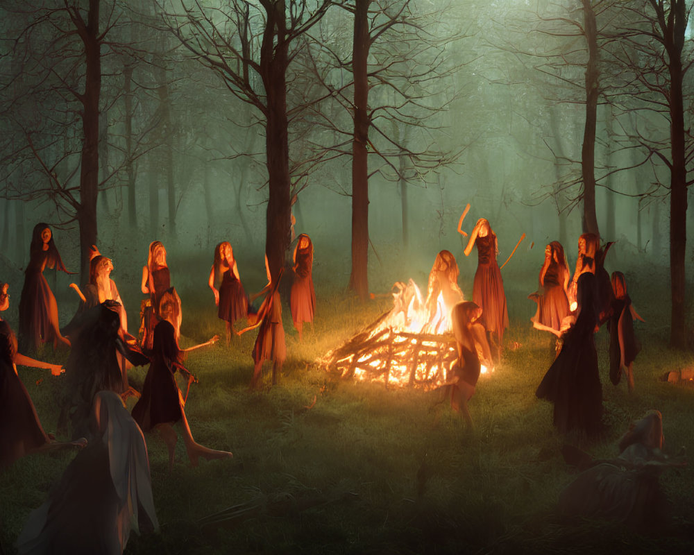 Group of people around large bonfire in misty forest setting