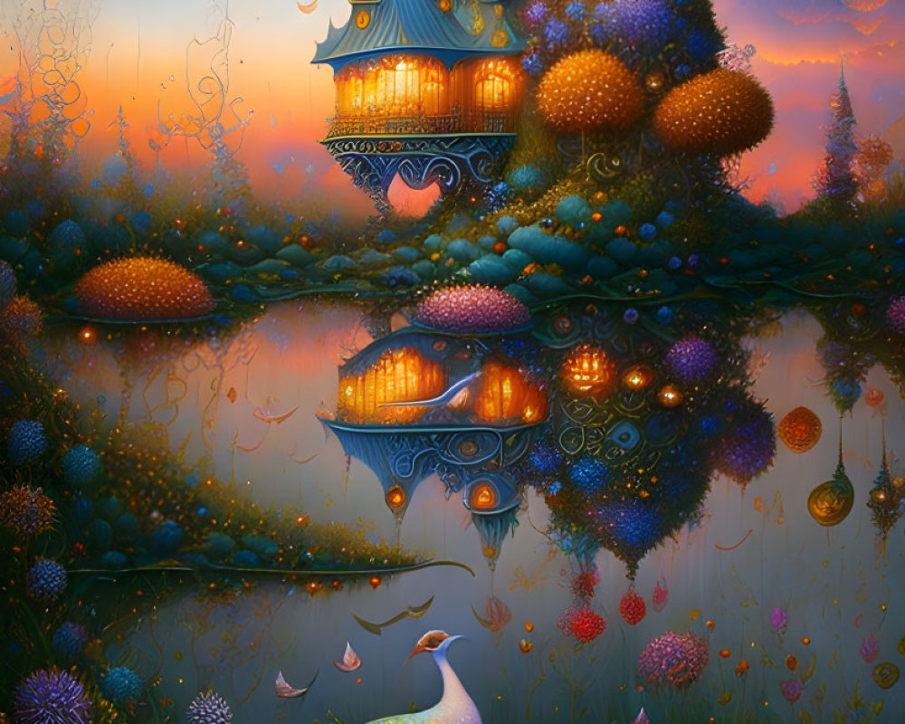 Fantastical landscape with golden temple, peacocks, and lush flora