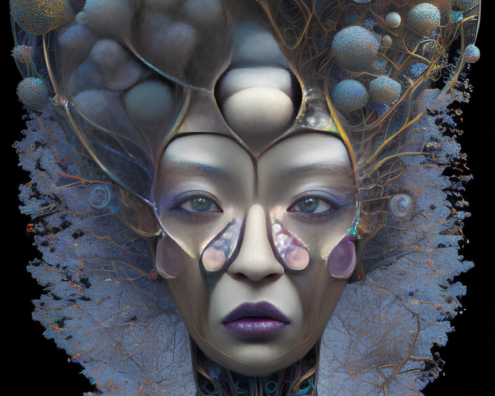 Futuristic female figure with elaborate coral-like headdress and biotechnological neck design