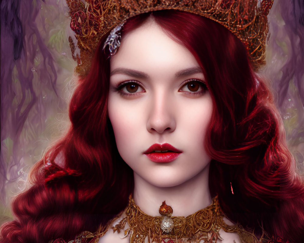 Digital portrait of woman with red hair, crown, rose necklace, and mystical forest backdrop