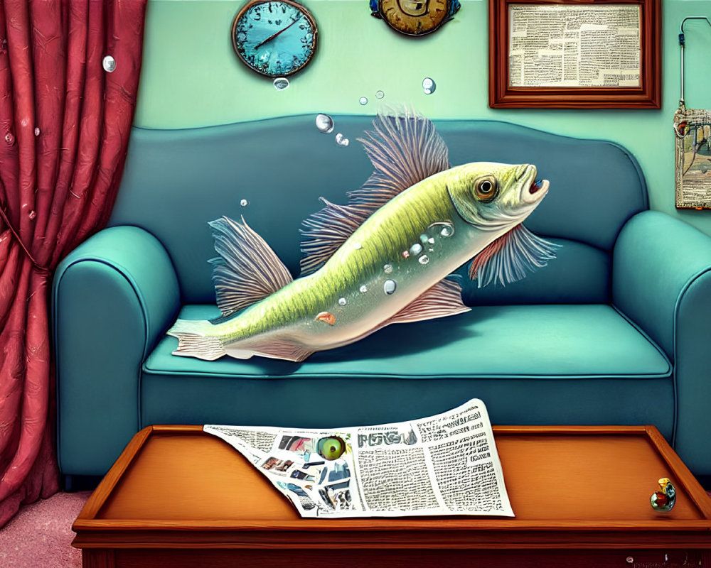 Large Fish with Bubbles Floats Above Living Room Coffee Table
