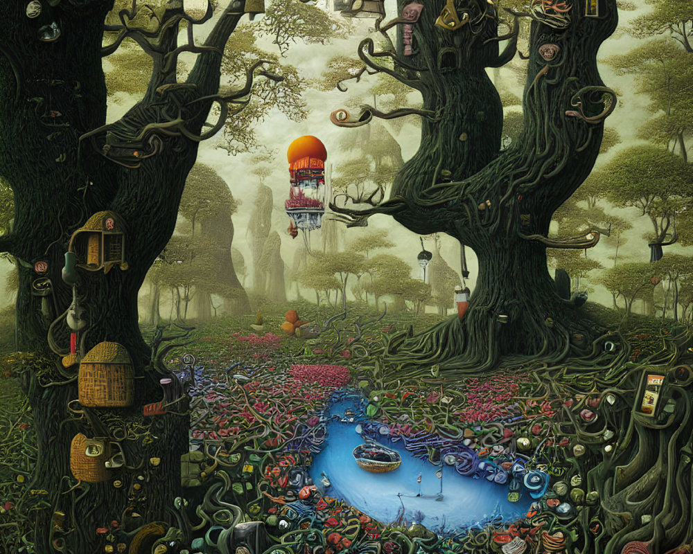 Fantastical forest scene with twisted trees, hot air balloon, birdhouses, and vibrant pond