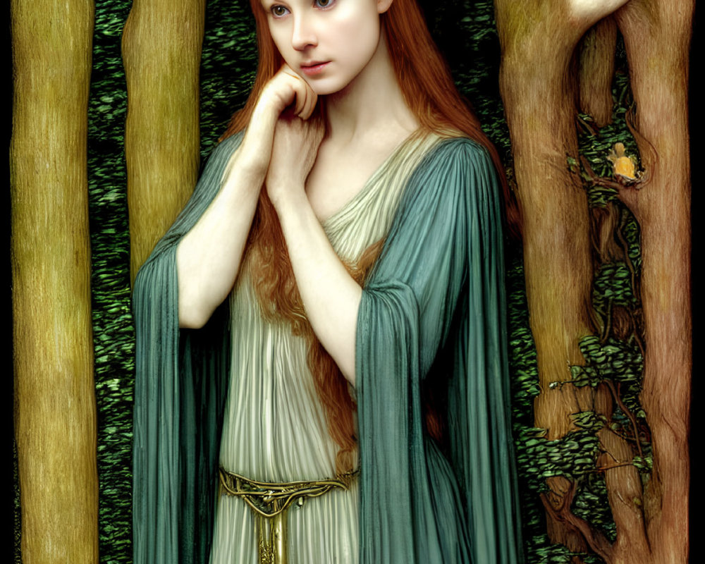 Red-haired elf in pale dress standing in green forest with pointed ears.