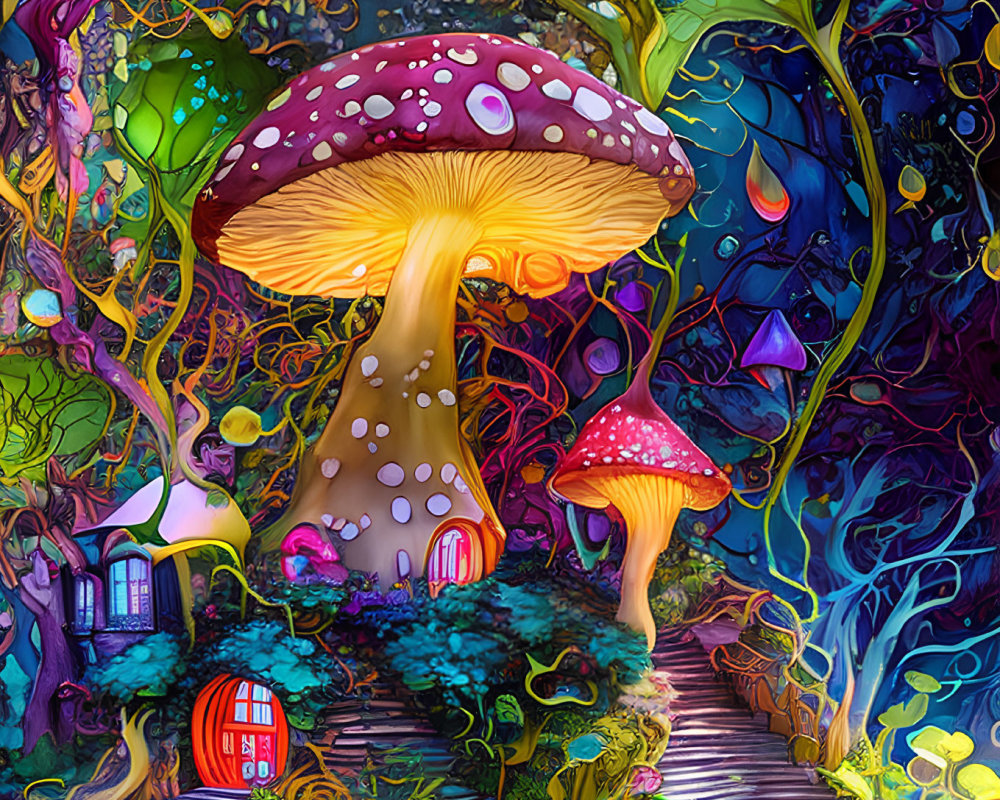 Fantasy forest with whimsical trees and colorful mushrooms in a magical setting